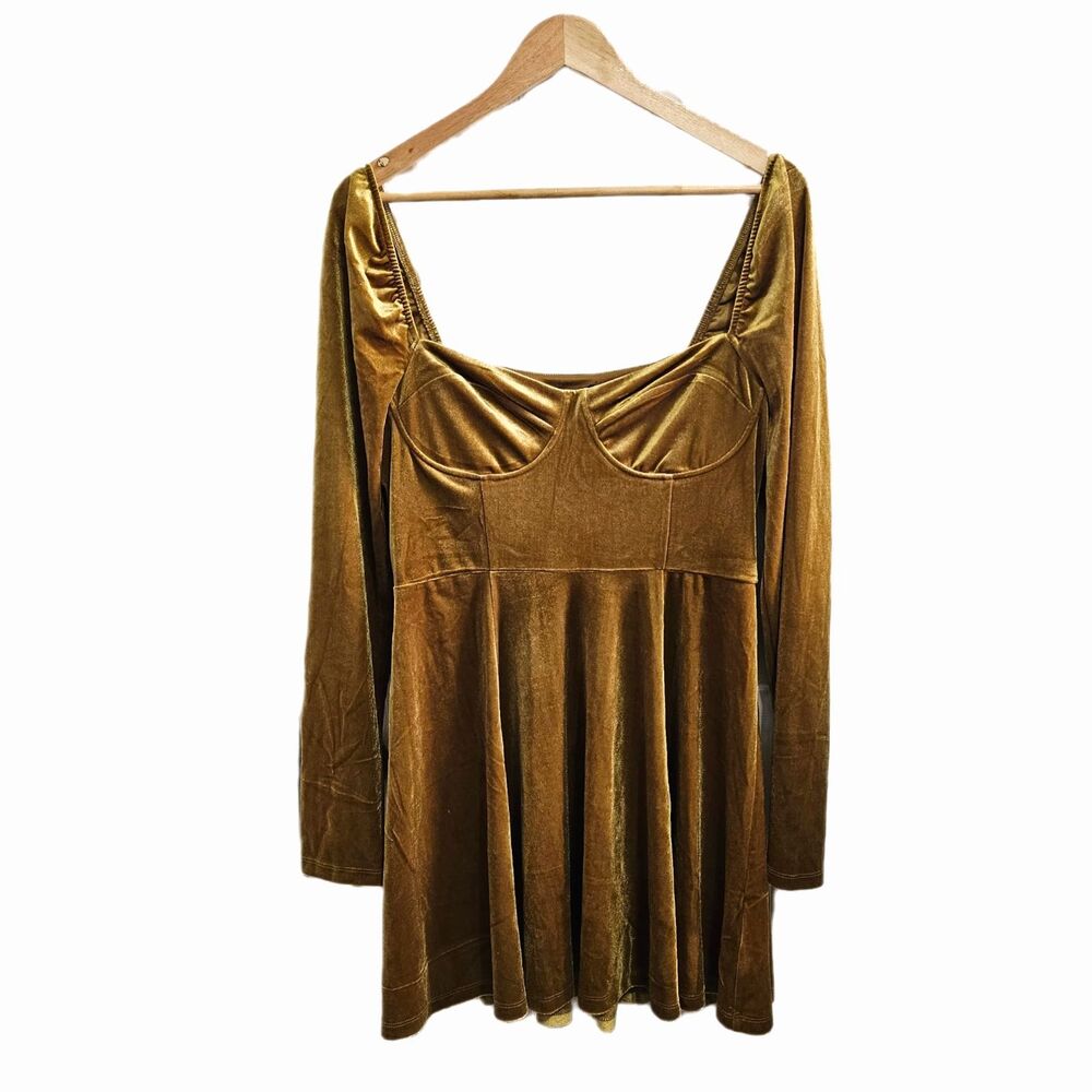 Forever 21 velvet gold long sleeve fit and flare mini dress XL NWT